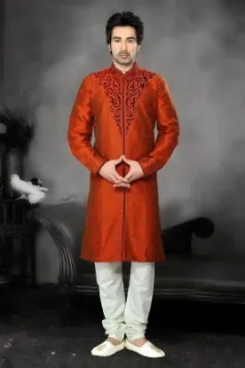 Picture of cream jute silk indian wedding indowestern sherwani for