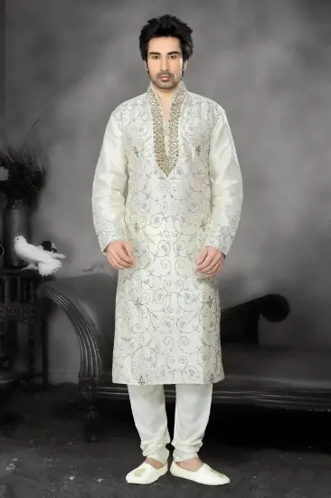 Picture of creamy white indian wedding indowestern sherwani for me