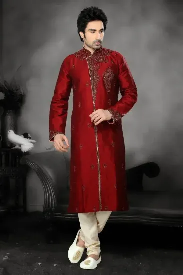 Picture of dark green indian wedding indowestern sherwani for men 