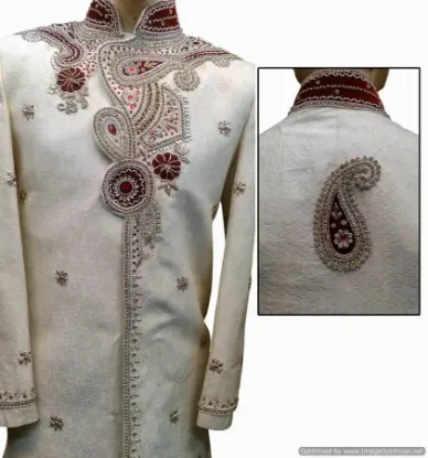 Picture of elegant butter cream brocade silk indian wedding sherwa