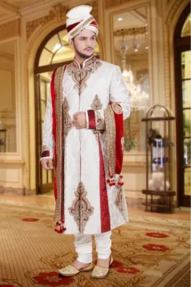 Picture of elegant cream jacquard silk indian wedding sherwani for