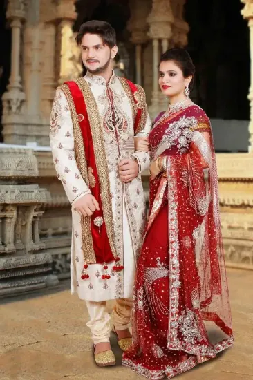 Picture of elegant cream jute silk indian wedding sherwani for men