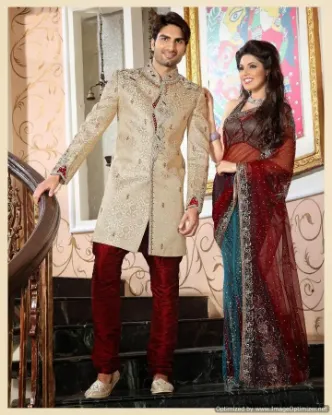 Picture of elegant white indian wedding sherwani for men ,j335