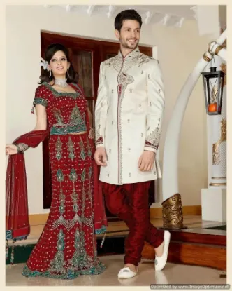 Picture of ethnic beige brocade silk indian wedding sherwani for m