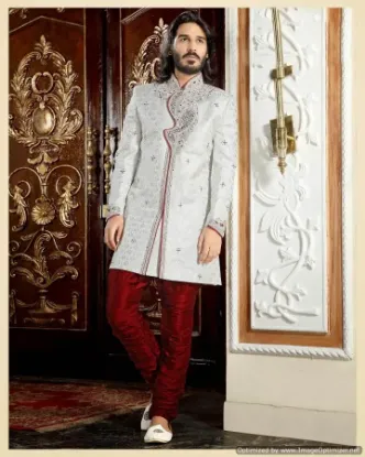 Picture of ethnic beige dupioni raw silk indian wedding sherwani f