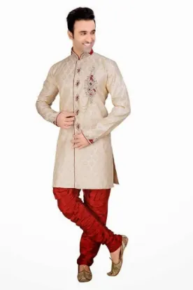 Picture of ethnic cream jacquard silk indian wedding sherwani for 