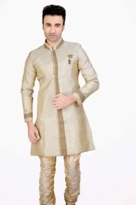 Picture of ethnic crimson jacquard silk indian wedding sherwani fo