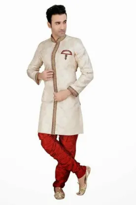 Picture of ethnic dark cream jute silk indian wedding sherwani for