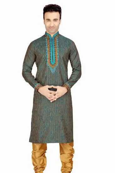 Picture of ethnic latte brocade silk indian wedding sherwani for m