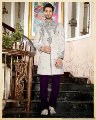 Picture of ethnic off white brocade silk indian wedding sherwani f