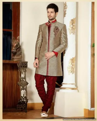 Picture of ethnic purple art silk indian wedding sherwani for men 