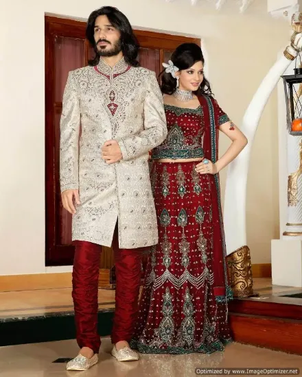 Picture of exclusive designer indian wedding salmon sherwani for m