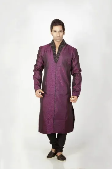 Picture of fancy cream jacquard silk indian wedding sherwani for m