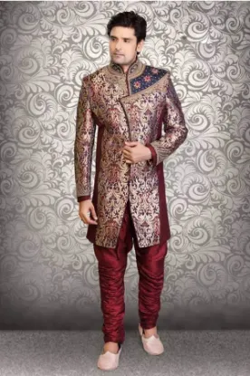 Picture of fancy red wine ghicha silk indian wedding sherwani for 