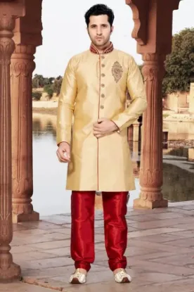 Picture of heavy embroidered cotton silk designer wedding sherwani