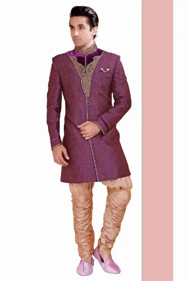 Picture of jaal pattern indian wedding rust green sherwani for men